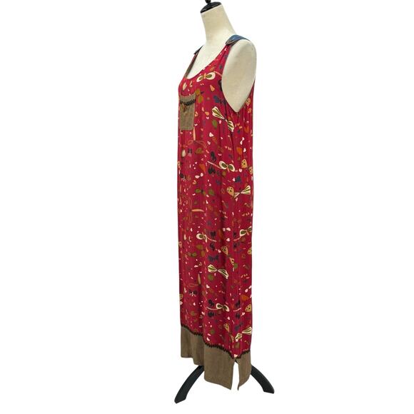 Vtg F. L. Malik Red Crepe Butterfly Dragonfly Novelty Print Maxi Jumper Dress - Picture 2 of 11